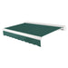 Awntech Key West full cassette motorized retractable awning in Forest acrylic fabric, extended, three-quarter view with white full cassette housing and wave valance