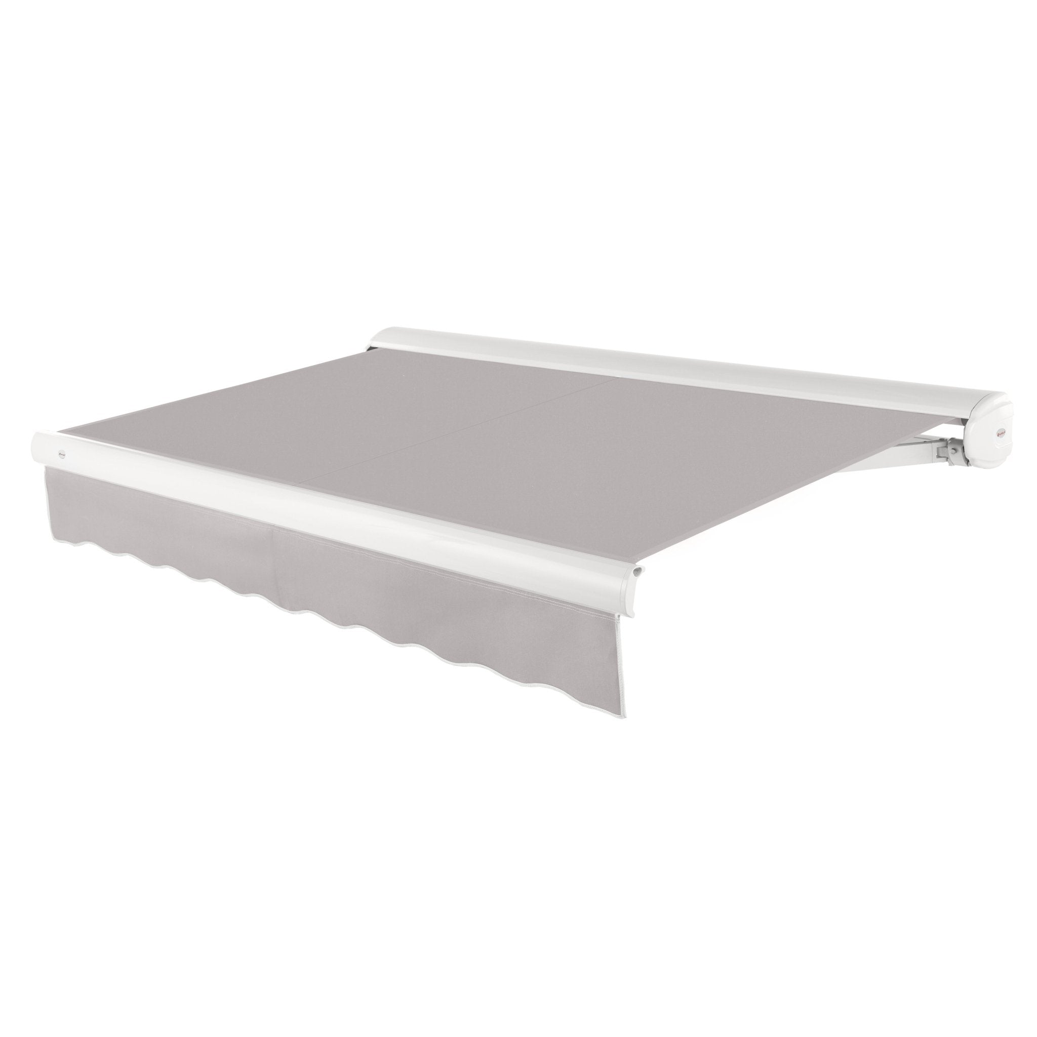Awntech Key West full cassette motorized retractable awning in Gray acrylic fabric, extended, three-quarter view with white full cassette housing and wave valance
