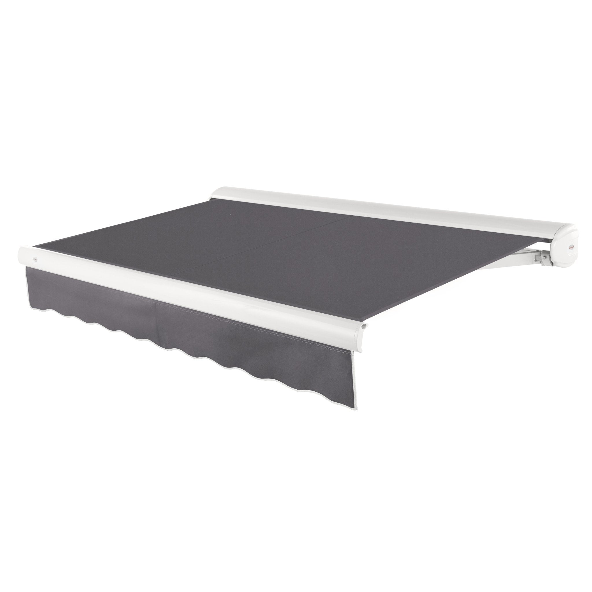 Awntech Key West full cassette motorized retractable awning in Gunmetal acrylic fabric, extended, three-quarter view with white full cassette housing and wave valance