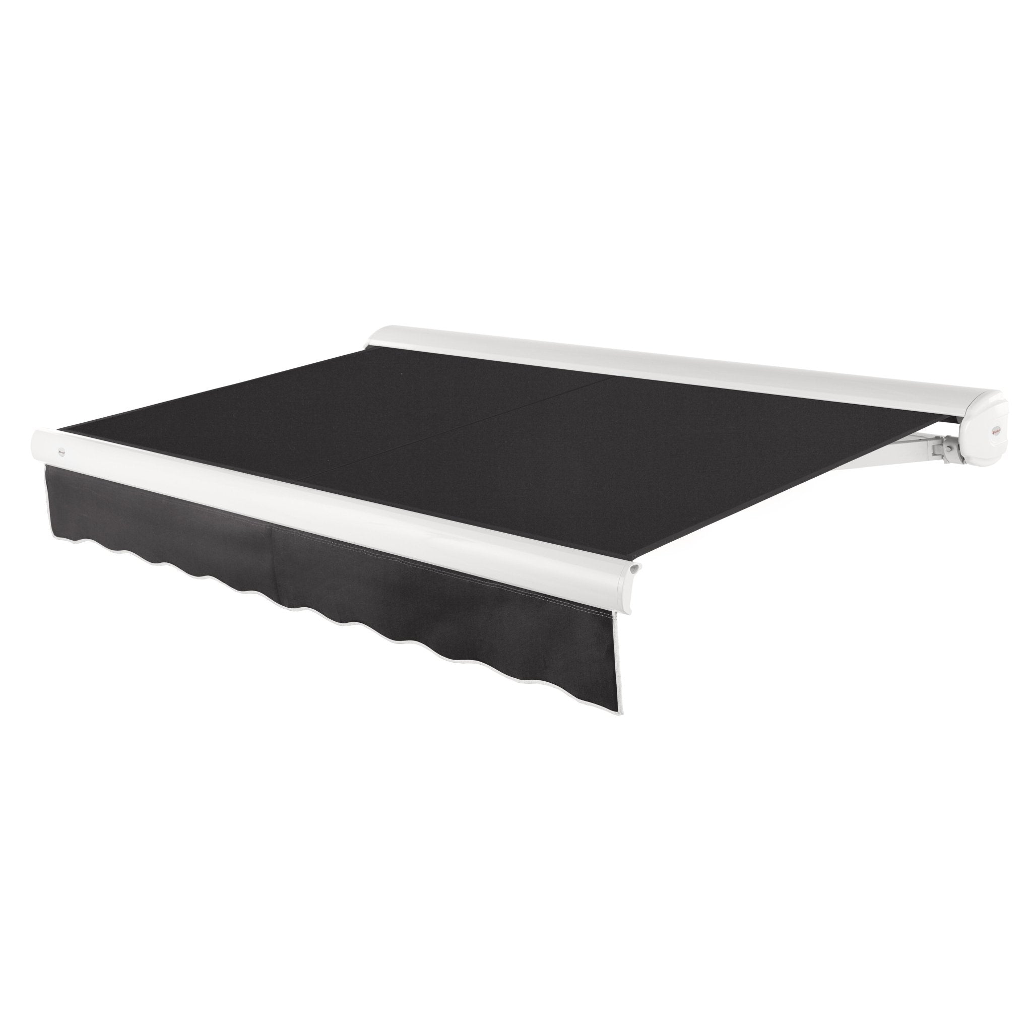 Awntech Key West full cassette motorized retractable awning in Black acrylic fabric, extended, three-quarter view with white full cassette housing and wave valance