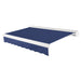 Awntech Key West full cassette motorized retractable awning in Navy acrylic fabric, extended, three-quarter view with white full cassette housing and wave valance
