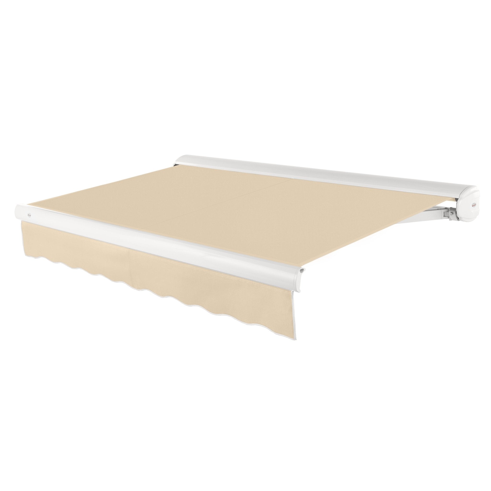 Awntech Key West full cassette motorized retractable awning in Tan acrylic fabric, extended, three-quarter view with white full cassette housing and wave valance