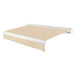 Awntech Key West full cassette motorized retractable awning in Tan acrylic fabric, extended, three-quarter view with white full cassette housing and wave valance