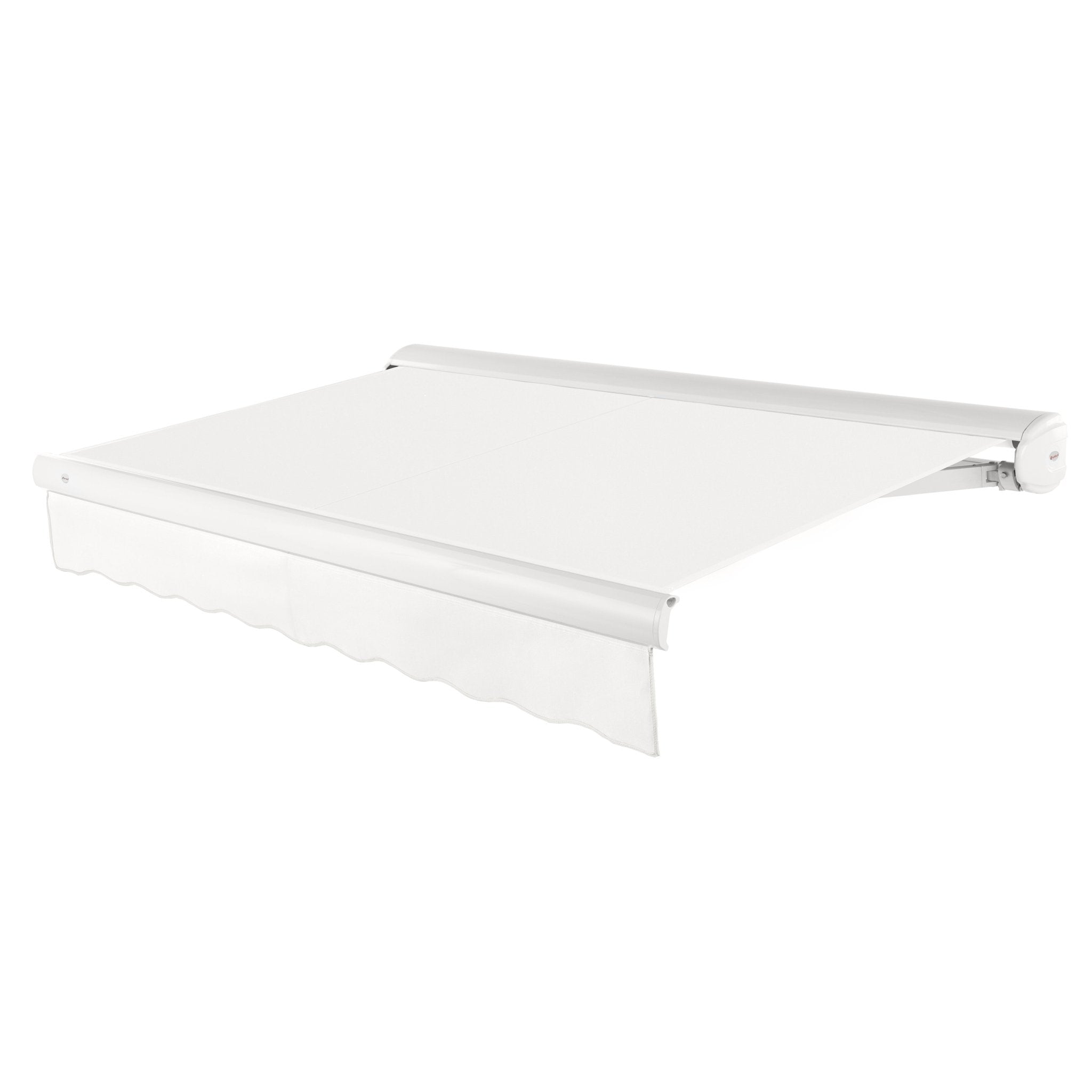 Awntech Key West full cassette motorized retractable awning in White acrylic fabric, extended, three-quarter view with white full cassette housing and wave valance