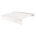 Awntech Key West full cassette motorized retractable awning in White acrylic fabric, extended, three-quarter view with white full cassette housing and wave valance
