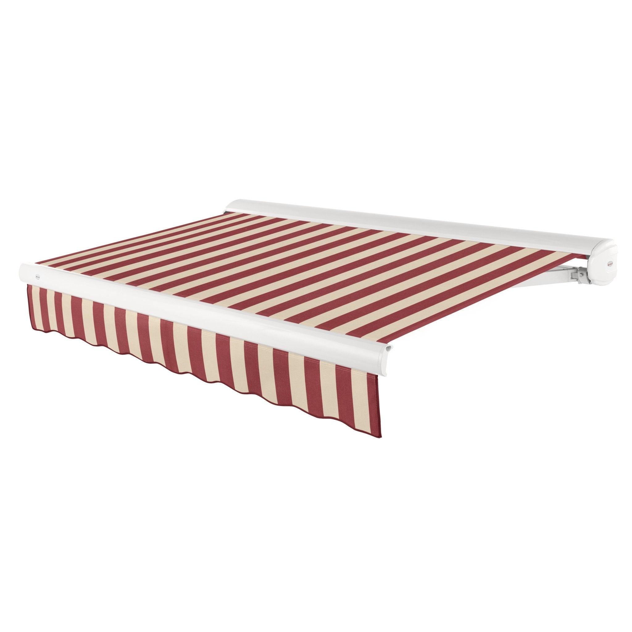 Awntech Key West full cassette motorized retractable awning in Burgundy/Tan Stripe acrylic fabric, extended, three-quarter view with white full cassette housing and wave valance