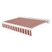 Awntech Key West full cassette motorized retractable awning in Burgundy/Tan Stripe acrylic fabric, extended, three-quarter view with white full cassette housing and wave valance