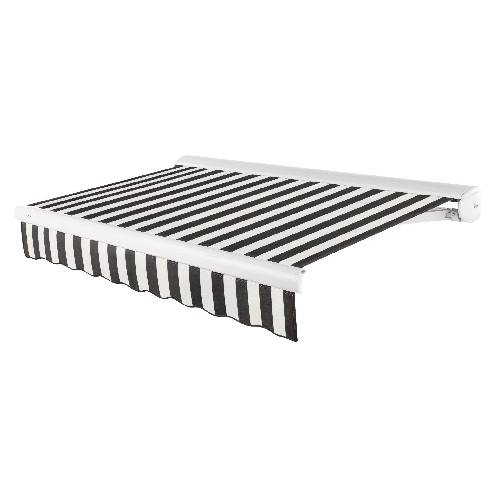 Awntech Key West full cassette motorized retractable awning in Black/White Stripe acrylic fabric, extended, three-quarter view with white full cassette housing and wave valance