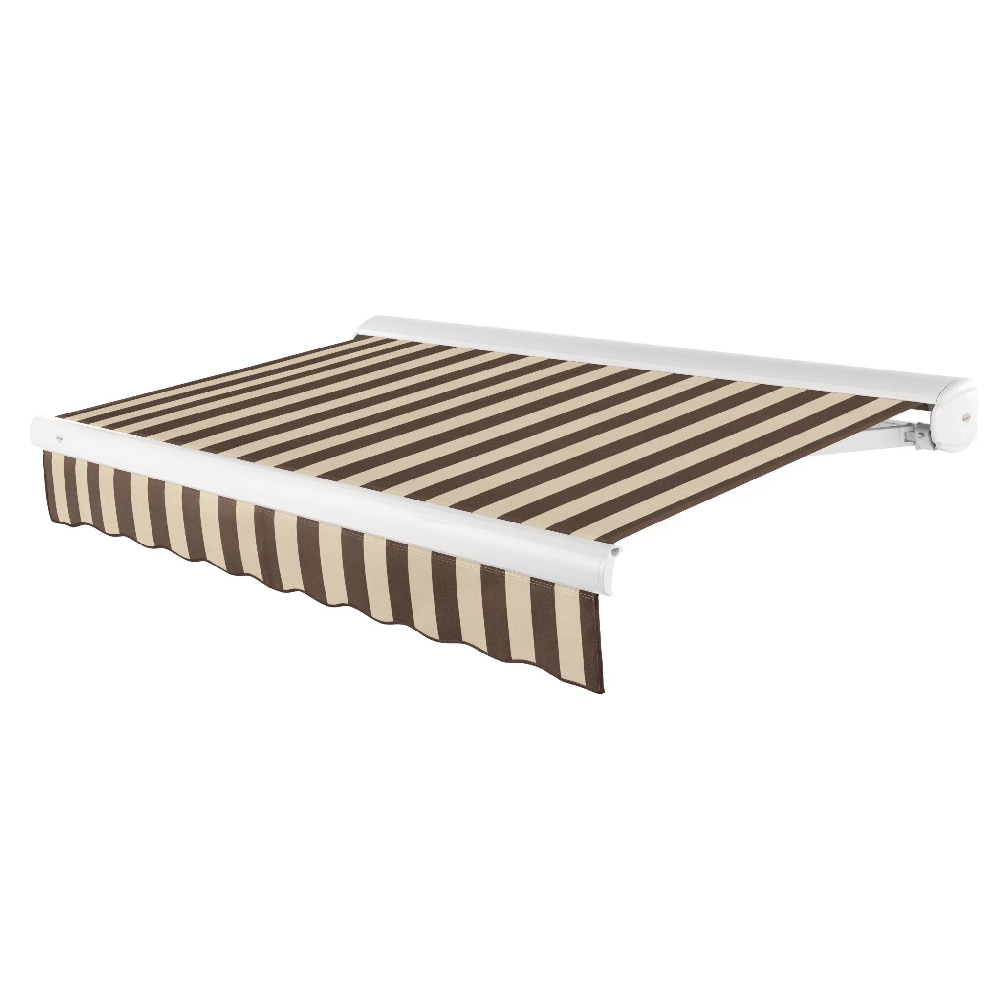Awntech Key West full cassette motorized retractable awning in Brown/Tan Stripe acrylic fabric, extended, three-quarter view with white full cassette housing and wave valance