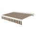 Awntech Key West full cassette motorized retractable awning in Brown/Tan Stripe acrylic fabric, extended, three-quarter view with white full cassette housing and wave valance