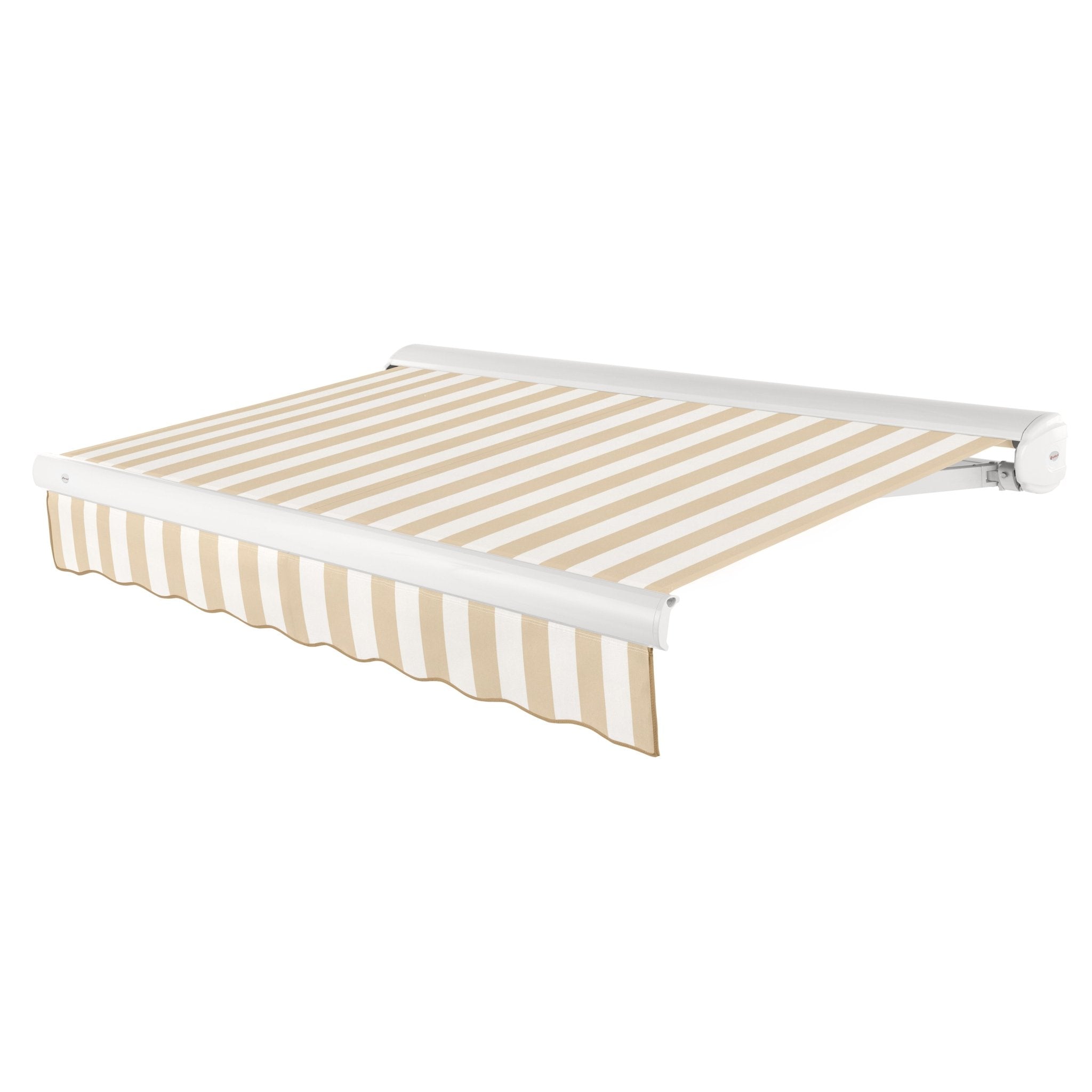 Awntech Key West full cassette motorized retractable awning in Linen/White Stripe acrylic fabric, extended, three-quarter view with white full cassette housing and wave valance
