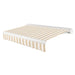 Awntech Key West full cassette motorized retractable awning in Linen/White Stripe acrylic fabric, extended, three-quarter view with white full cassette housing and wave valance