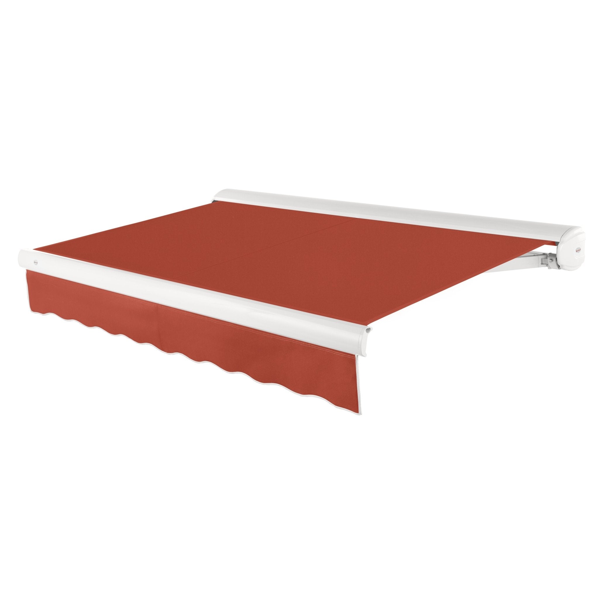 Awntech Key West full cassette motorized retractable awning in Terracotta acrylic fabric, extended, three-quarter view with white full cassette housing and wave valance