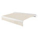 Awntech Key West full cassette motorized retractable awning in Linen Pin Stripe acrylic fabric, extended, three-quarter view with white full cassette housing and wave valance