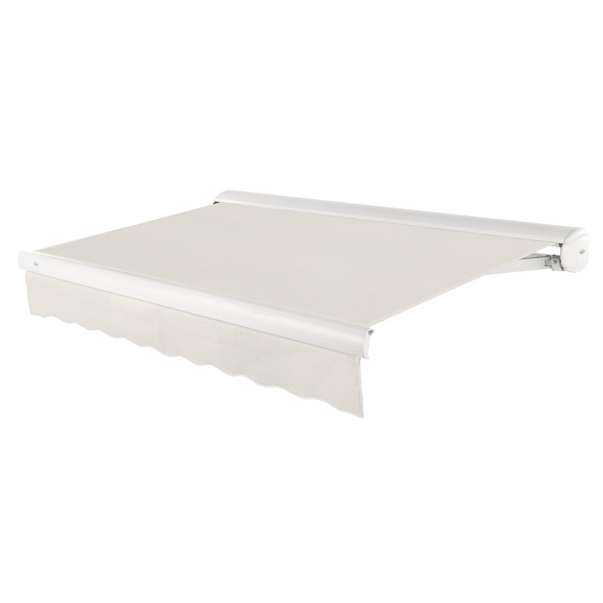 Awntech Key West full cassette motorized retractable awning in Oatmeal Tweed acrylic fabric, extended, three-quarter view with white full cassette housing and wave valance