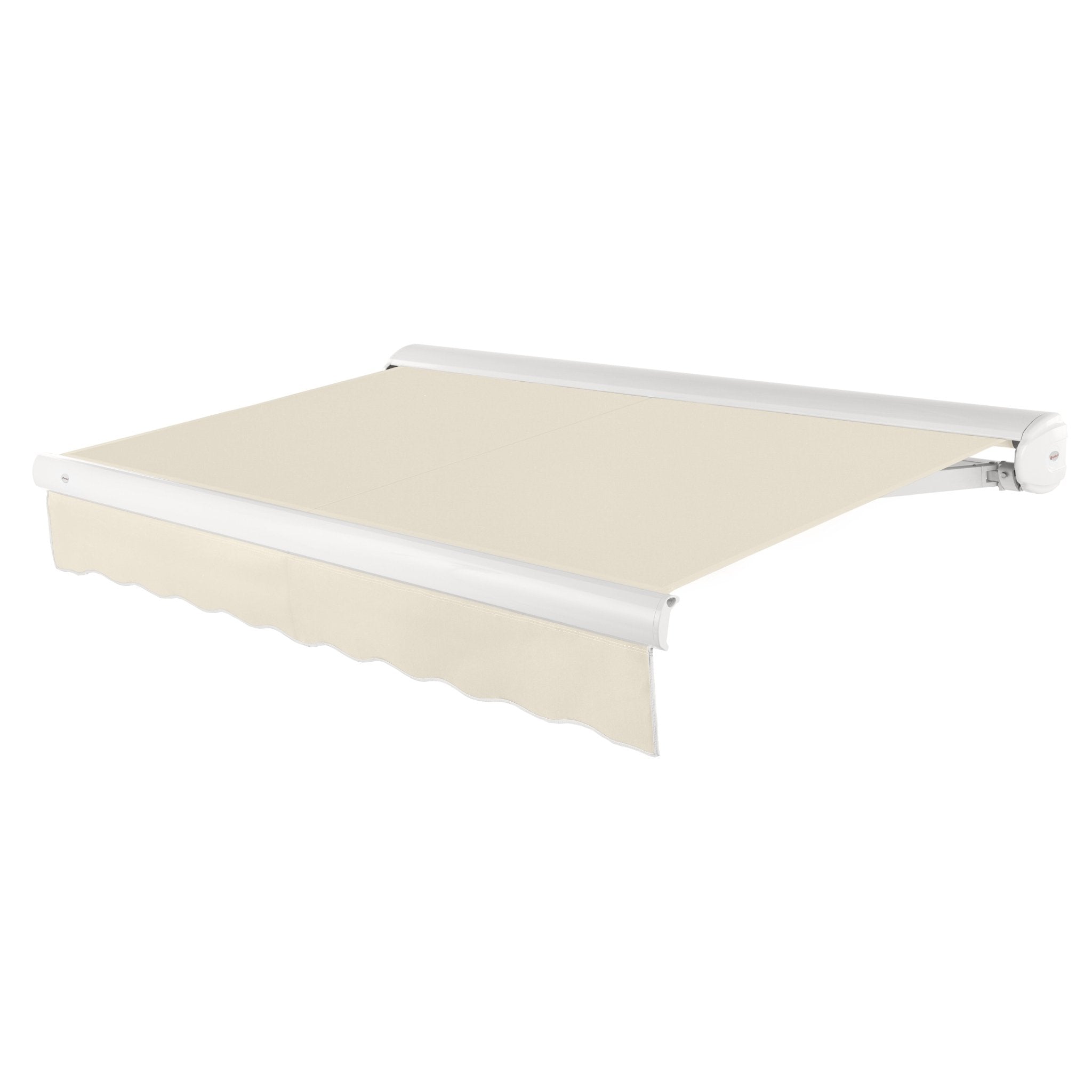 Awntech Key West full cassette motorized retractable awning in Linen acrylic fabric, extended, three-quarter view with white full cassette housing and wave valance
