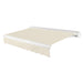Awntech Key West full cassette motorized retractable awning in Linen acrylic fabric, extended, three-quarter view with white full cassette housing and wave valance