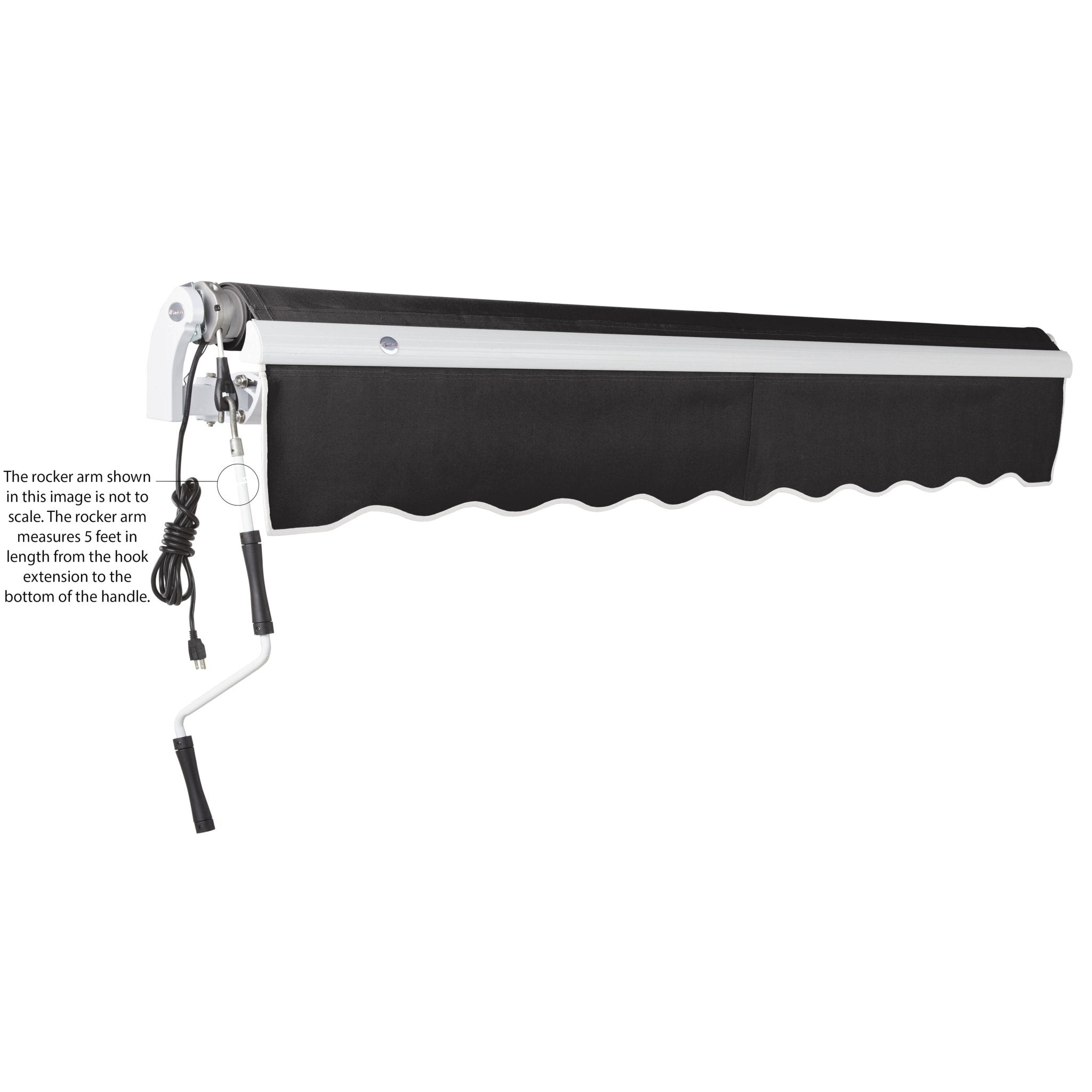 Black Awntech Maui motorized awning retracted, showing the exposed fabric roll, left motor, 12 ft power cord and 5 ft rocker arm
