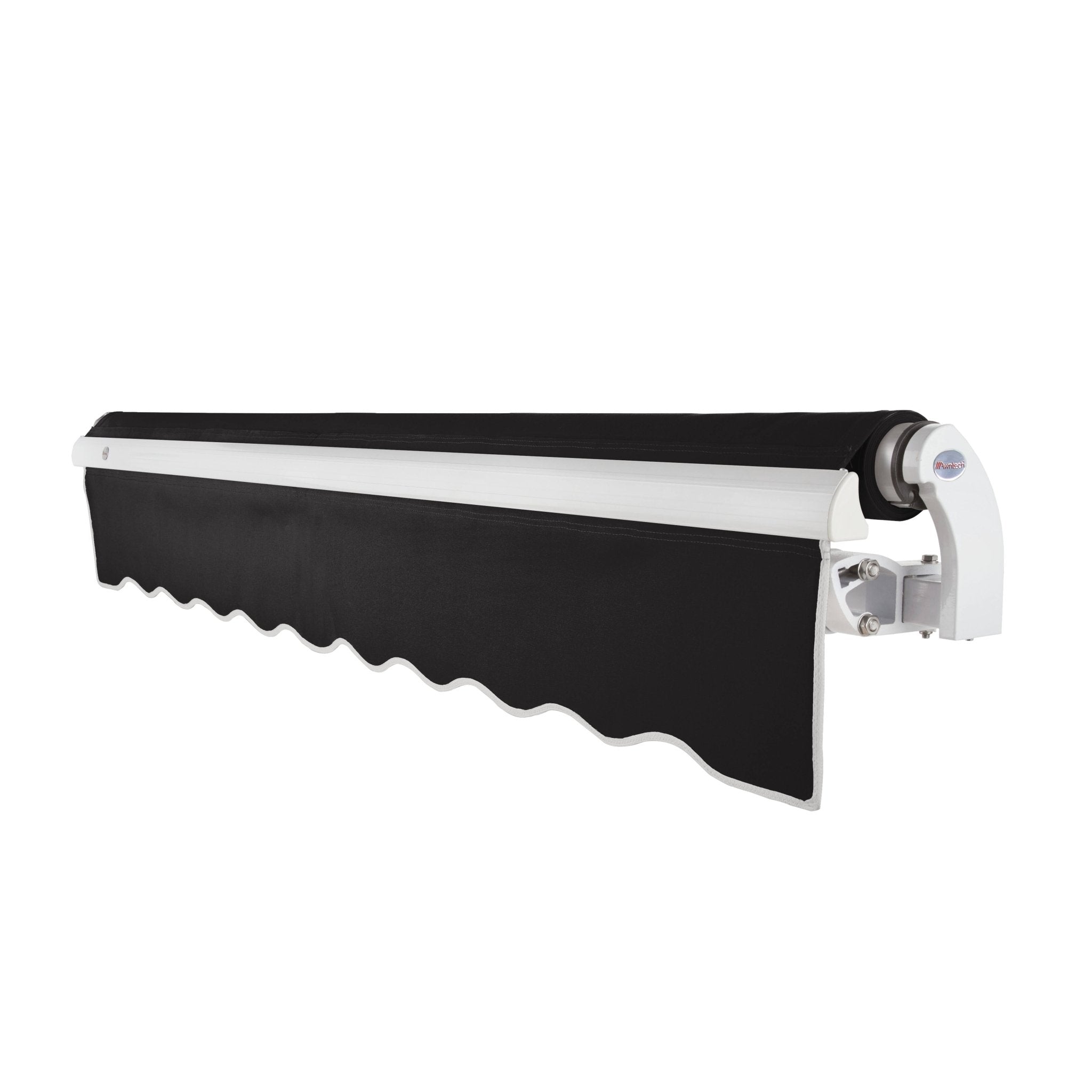 Side view of a black Awntech Maui motorized retractable awning showing the open fabric roll and left motor housing