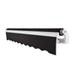 Side view of a black Awntech Maui motorized retractable awning showing the open fabric roll and left motor housing