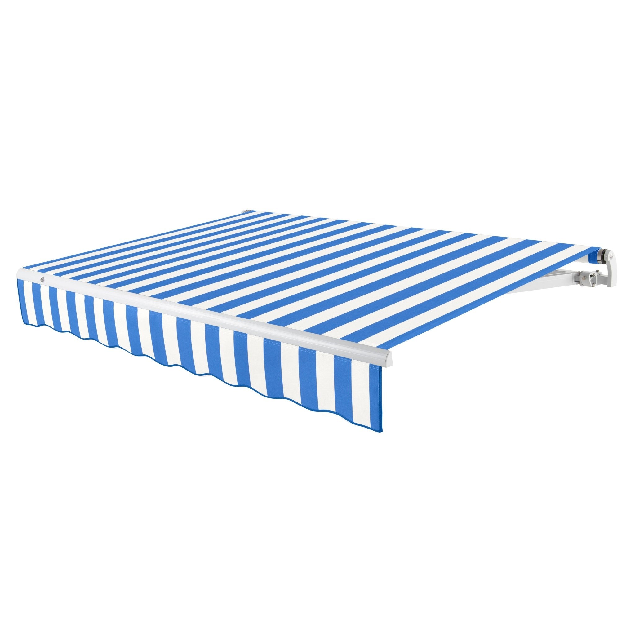 Awntech Maui motorized retractable awning in Bright Blue/White Stripe acrylic fabric, extended, three-quarter view with white open-roll frame and wave valance