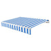 Awntech Maui motorized retractable awning in Bright Blue/White Stripe acrylic fabric, extended, three-quarter view with white open-roll frame and wave valance