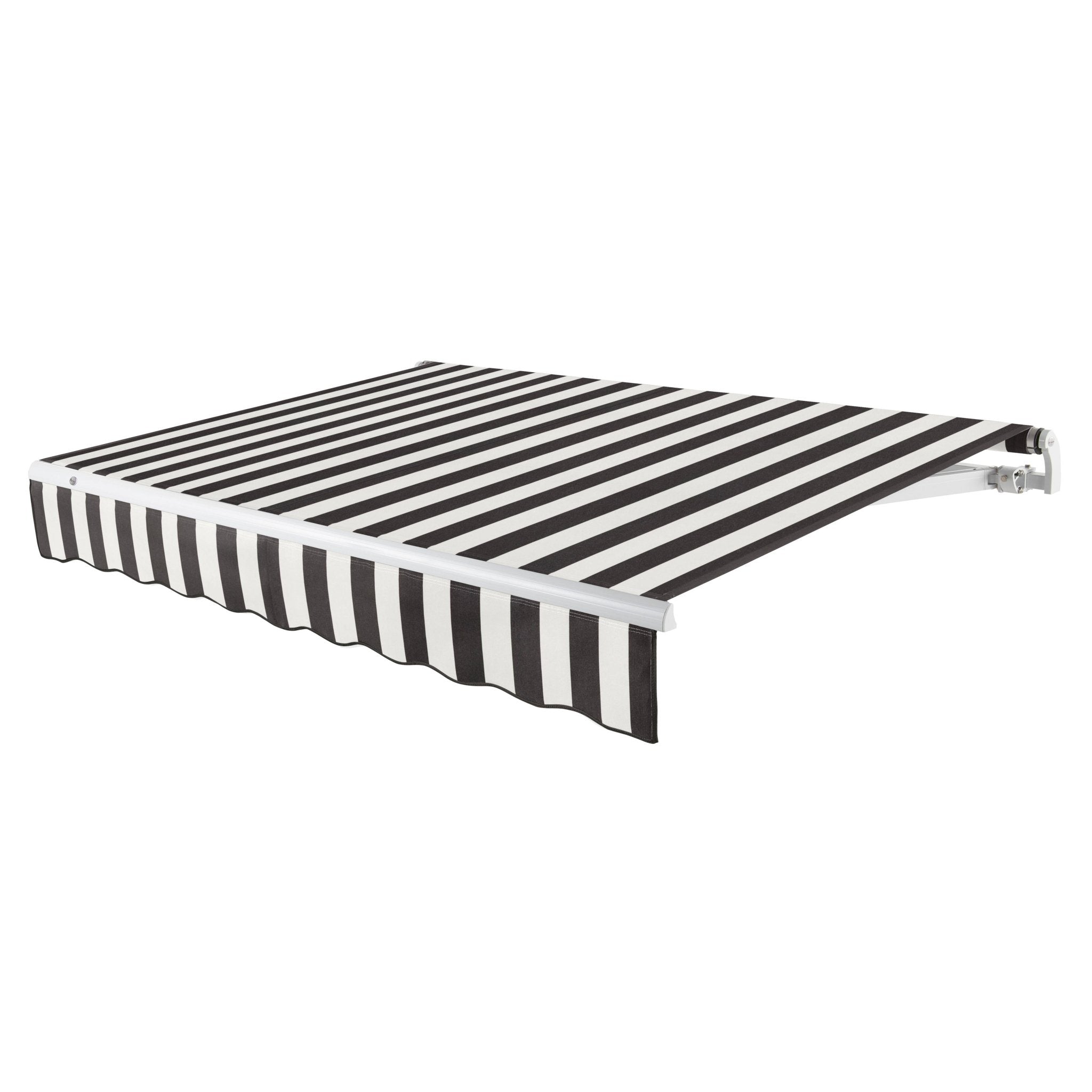 Awntech Maui motorized retractable awning in Black/White Stripe acrylic fabric, extended, three-quarter view with white open-roll frame and wave valance