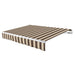 Awntech Maui motorized retractable awning in Brown/Tan Stripe acrylic fabric, extended, three-quarter view with white open-roll frame and wave valance