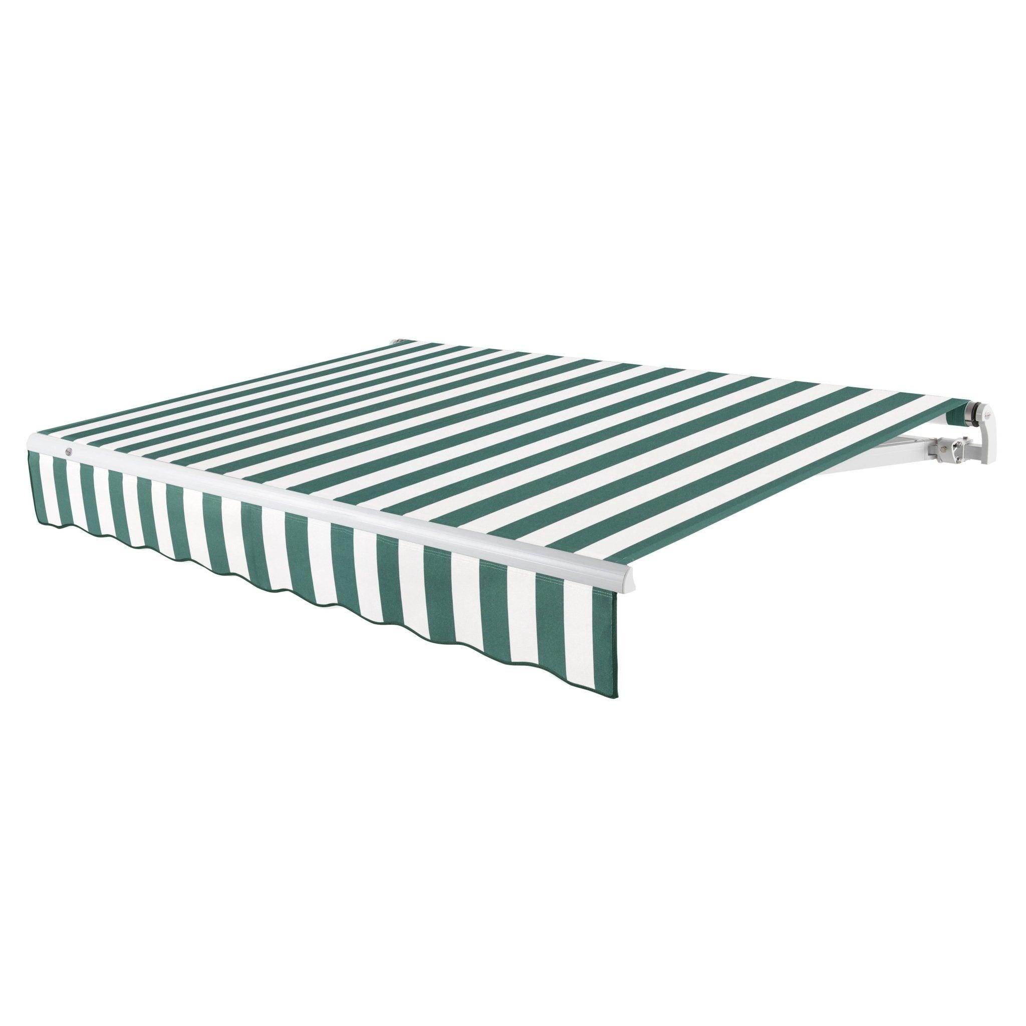 Awntech Maui motorized retractable awning in Forest/White Stripe acrylic fabric, extended, three-quarter view with white open-roll frame and wave valance