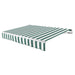 Awntech Maui motorized retractable awning in Forest/White Stripe acrylic fabric, extended, three-quarter view with white open-roll frame and wave valance