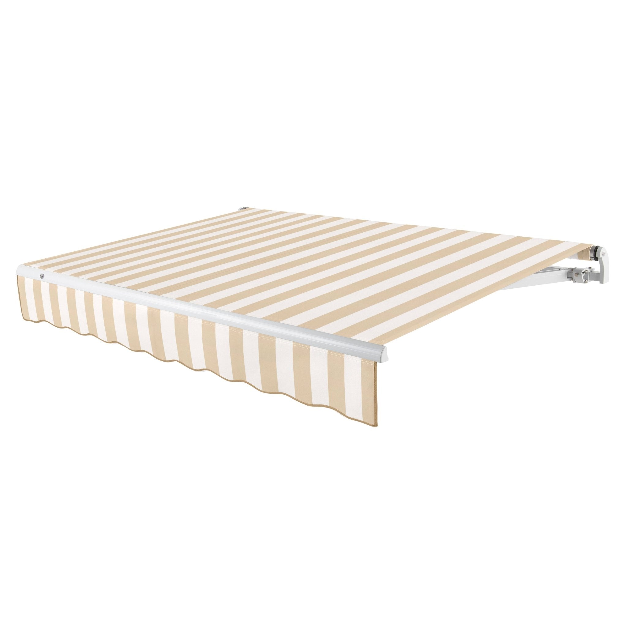 Awntech Maui motorized retractable awning in Linen/White Stripe acrylic fabric, extended, three-quarter view with white open-roll frame and wave valance