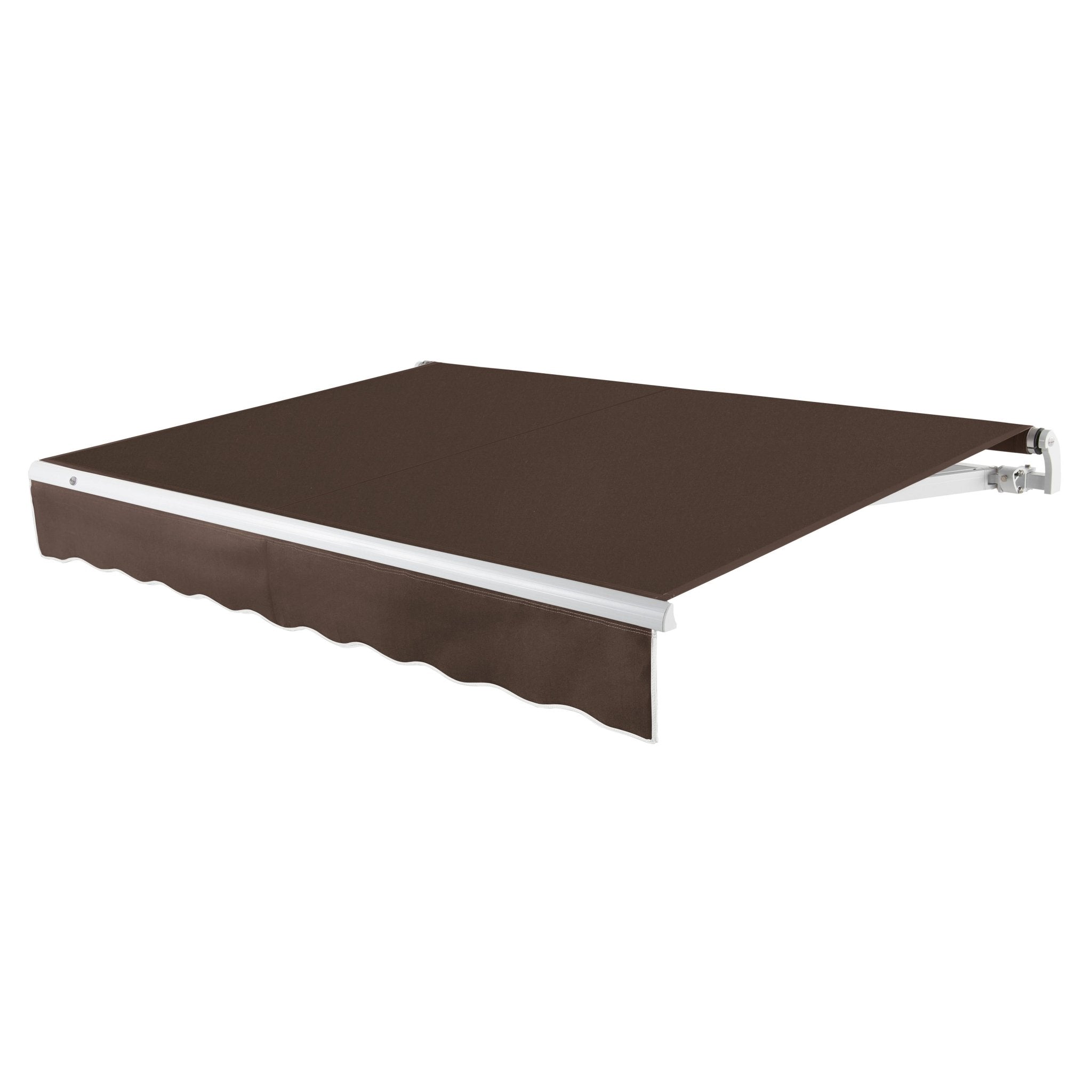 Awntech Maui motorized retractable awning in Brown acrylic fabric, extended, three-quarter view with white open-roll frame and wave valance