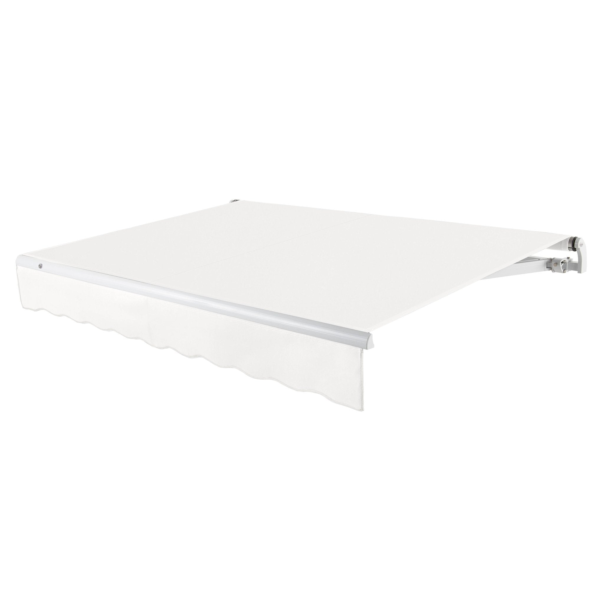 Awntech Maui motorized retractable awning in White acrylic fabric, extended, three-quarter view with white open-roll frame and wave valance