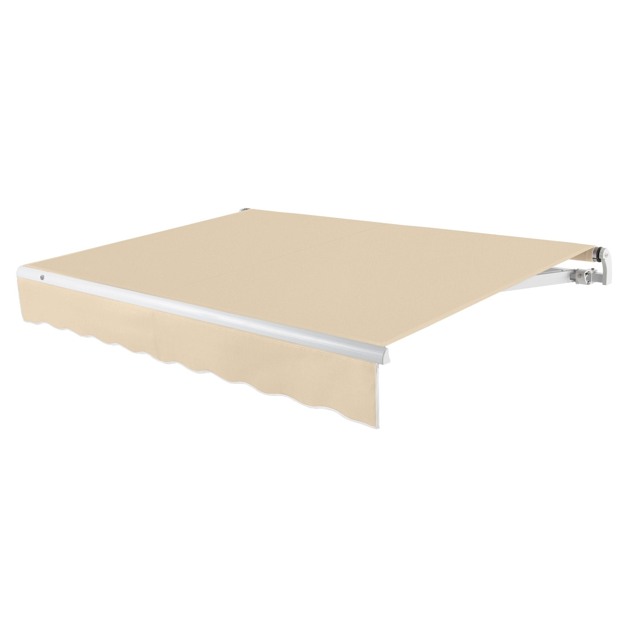 Awntech Maui motorized retractable awning in Tan acrylic fabric, extended, three-quarter view with white open-roll frame and wave valance