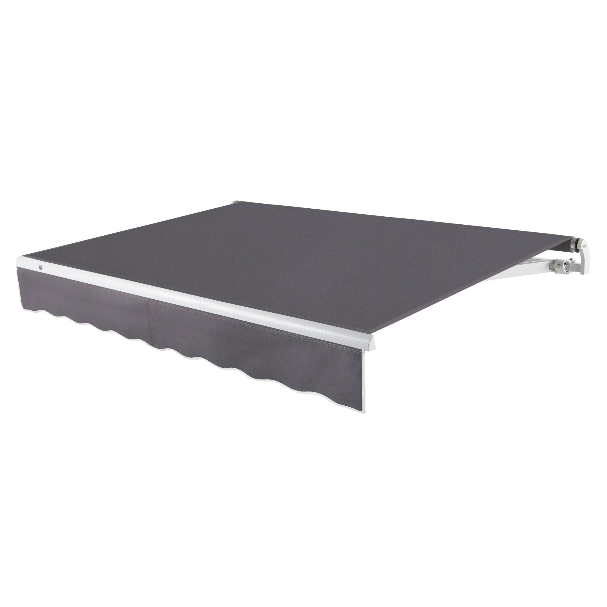 Awntech Maui motorized retractable awning in Gunmetal acrylic fabric, extended, three-quarter view with white open-roll frame and wave valance