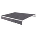 Awntech Maui motorized retractable awning in Gunmetal acrylic fabric, extended, three-quarter view with white open-roll frame and wave valance