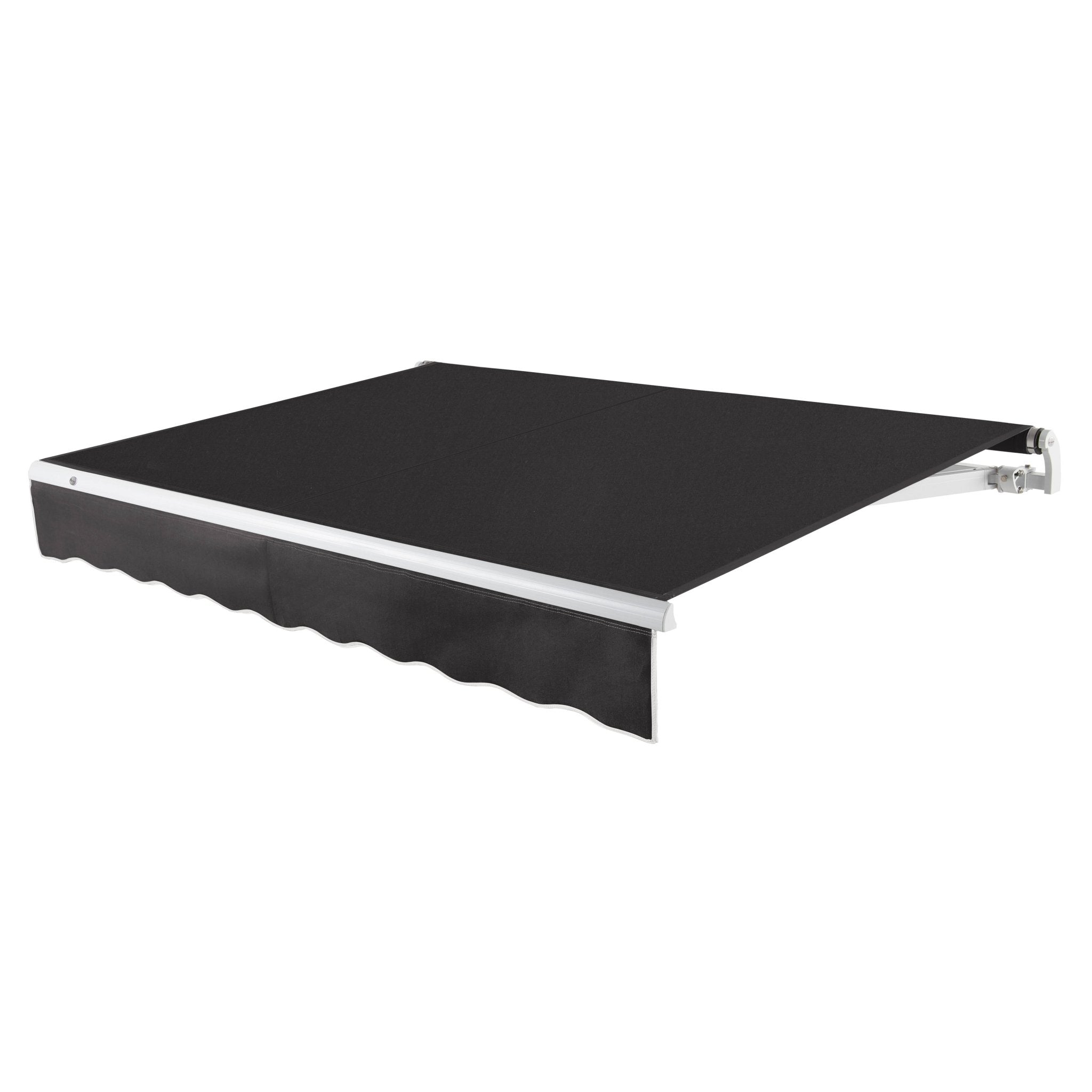 Awntech Maui motorized retractable awning in Black acrylic fabric, extended, three-quarter view with white open-roll frame and wave valance