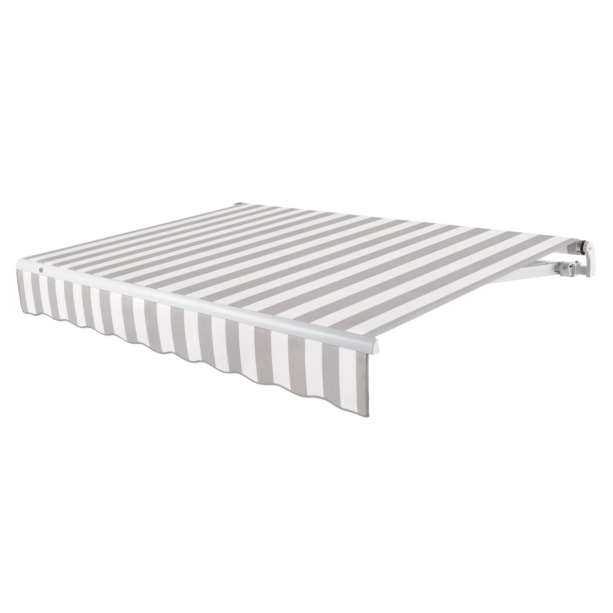Awntech Maui motorized retractable awning in Gray/White Stripe acrylic fabric, extended, three-quarter view with white open-roll frame and wave valance