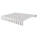 Awntech Maui motorized retractable awning in Gray/White Stripe acrylic fabric, extended, three-quarter view with white open-roll frame and wave valance