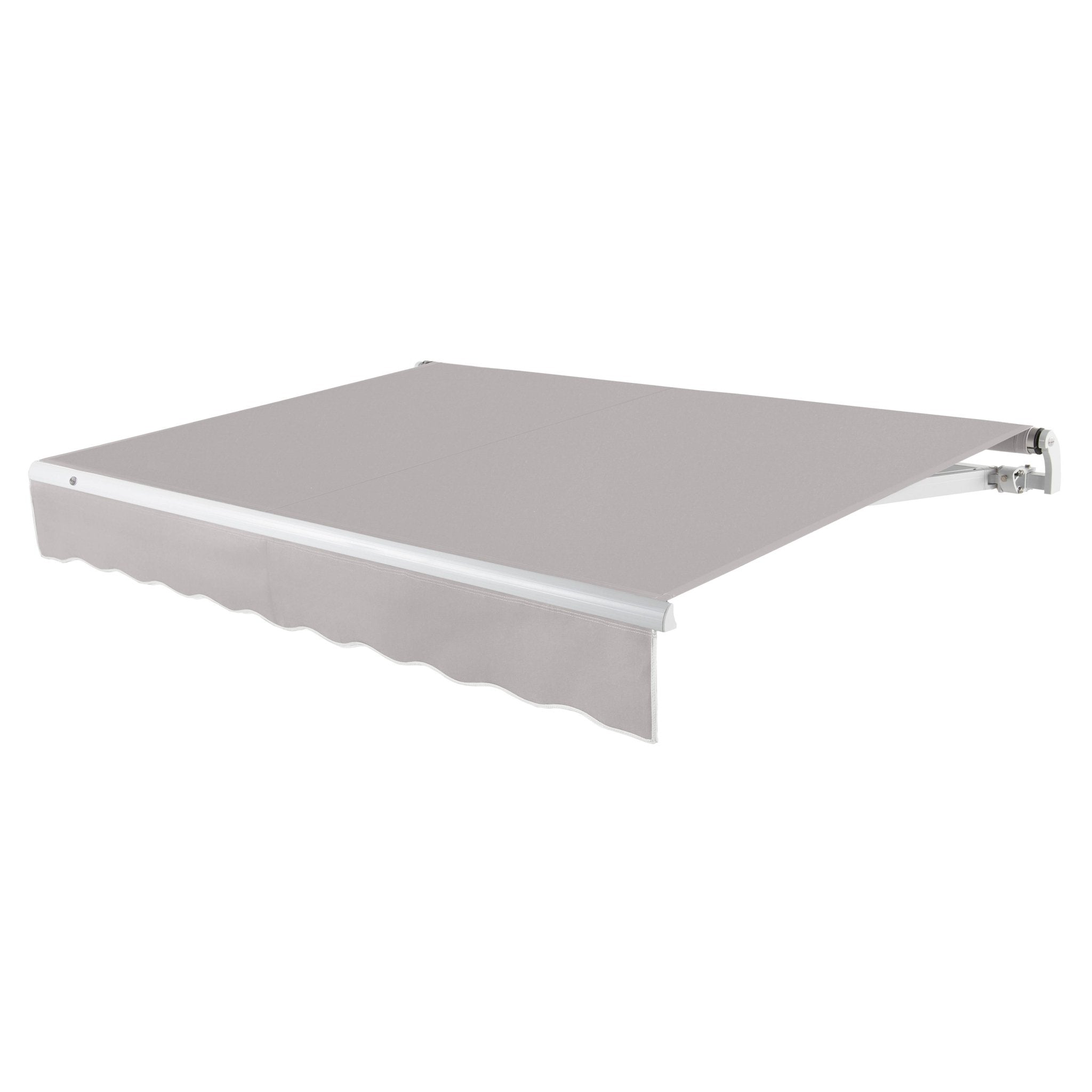 Awntech Maui motorized retractable awning in Gray acrylic fabric, extended, three-quarter view with white open-roll frame and wave valance