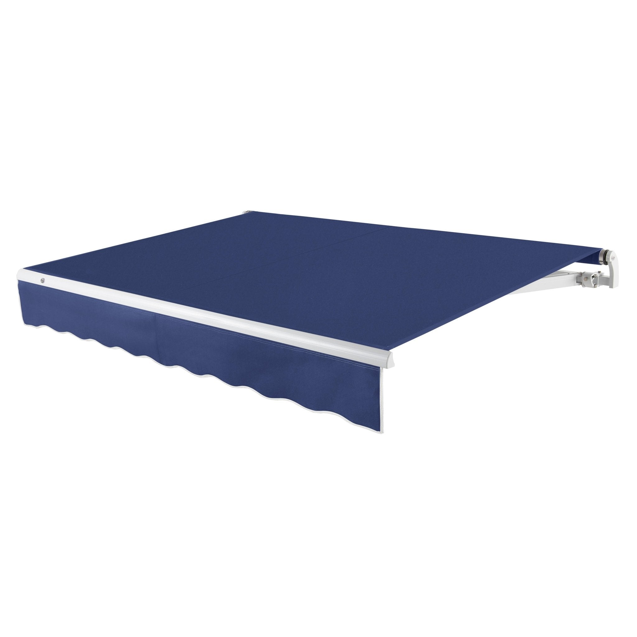 Awntech Maui motorized retractable awning in Navy acrylic fabric, extended, three-quarter view with white open-roll frame and wave valance