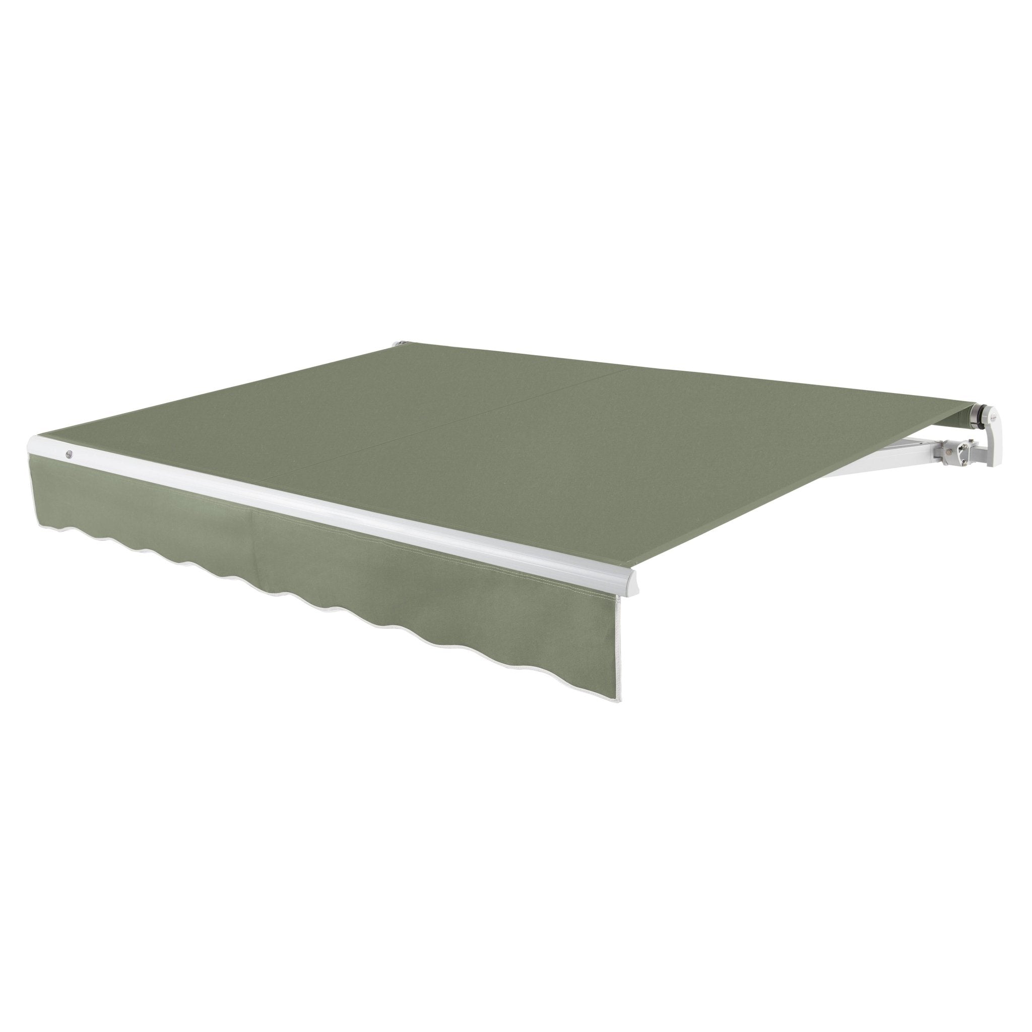 Awntech Maui motorized retractable awning in Sage acrylic fabric, extended, three-quarter view with white open-roll frame and wave valance
