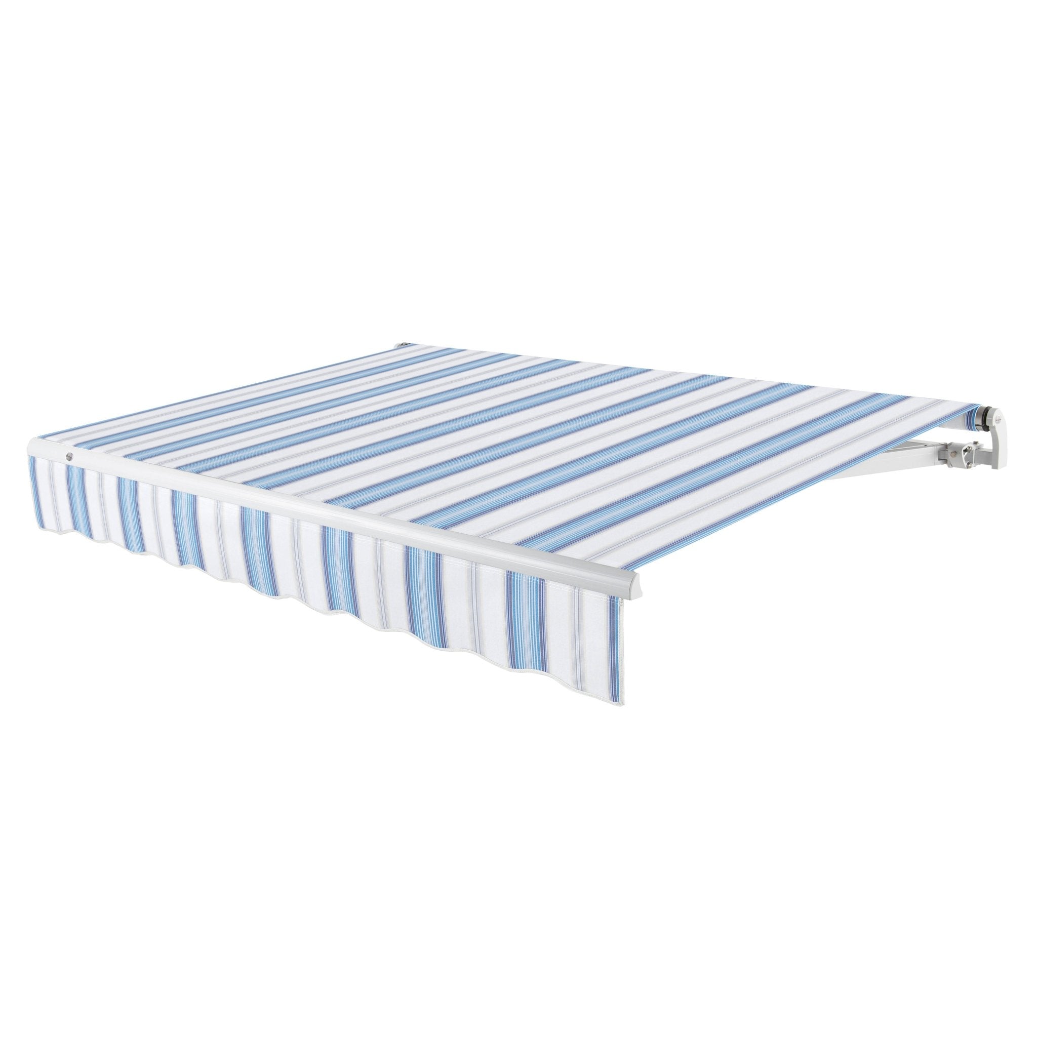 Awntech Maui motorized retractable awning in Bright Blue/Gray/White Multi acrylic fabric, extended, three-quarter view with white open-roll frame and wave valance