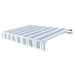 Awntech Maui motorized retractable awning in Bright Blue/Gray/White Multi acrylic fabric, extended, three-quarter view with white open-roll frame and wave valance