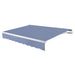 Awntech Maui motorized retractable awning in Dusty Blue acrylic fabric, extended, three-quarter view with white open-roll frame and wave valance