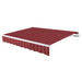 Awntech Maui motorized retractable awning in Burgundy Pin Stripe acrylic fabric, extended, three-quarter view with white open-roll frame and wave valance