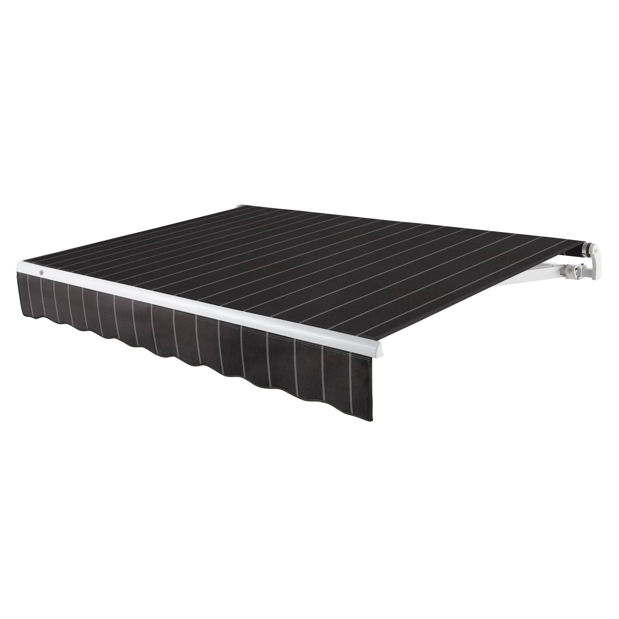 Awntech Maui motorized retractable awning in Black Pin Stripe acrylic fabric, extended, three-quarter view with white open-roll frame and wave valance
