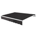 Awntech Maui motorized retractable awning in Black Pin Stripe acrylic fabric, extended, three-quarter view with white open-roll frame and wave valance