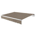 Awntech Maui motorized retractable awning in Taupe acrylic fabric, extended, three-quarter view with white open-roll frame and wave valance