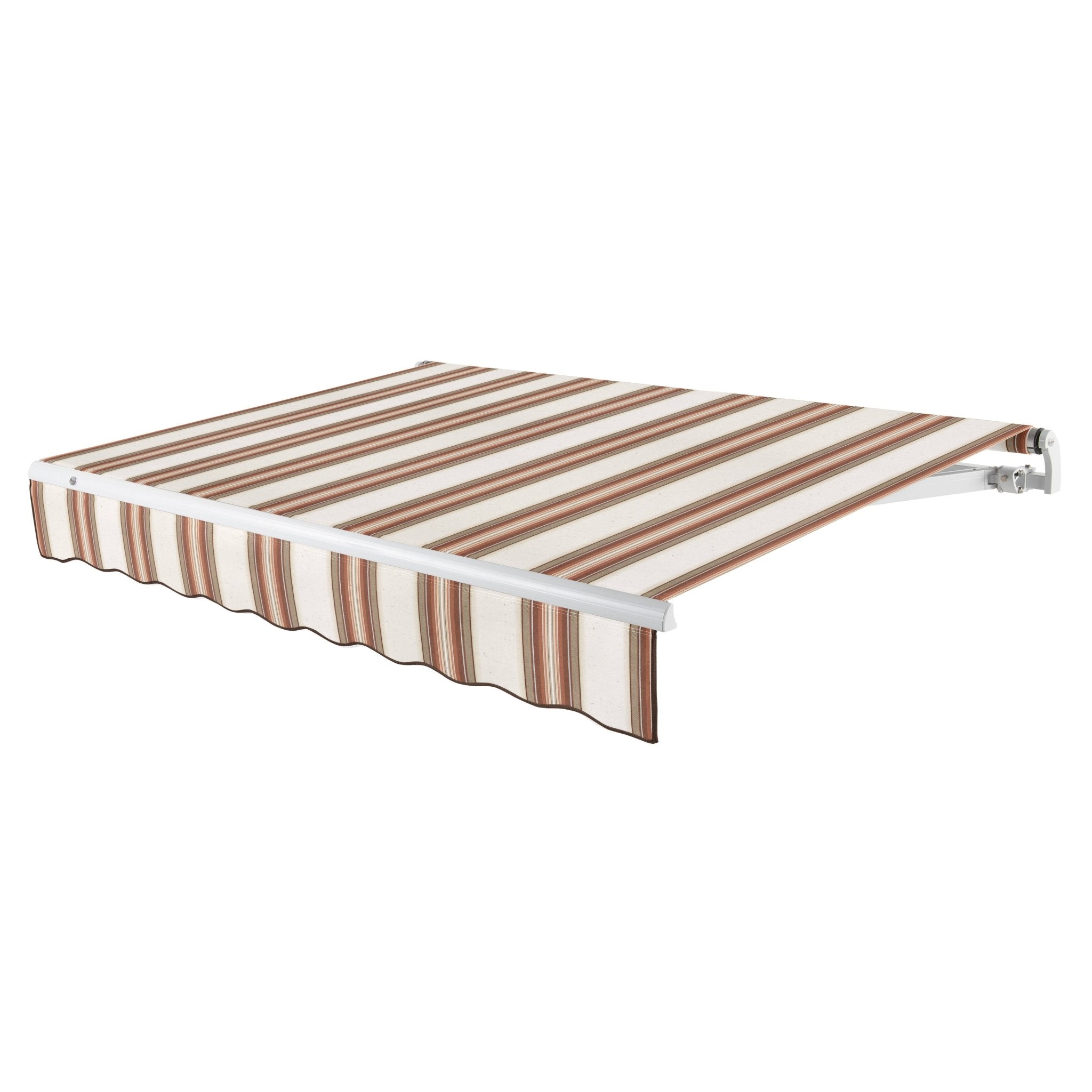Awntech Maui motorized retractable awning in Brown/Tan/Terracotta Multi acrylic fabric, extended, three-quarter view with white open-roll frame and wave valance